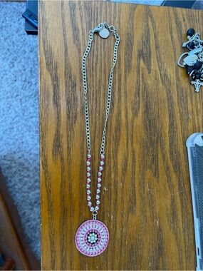 Pink Beaded Medallion Pendant Necklace